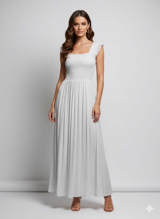 Womens Ladies Handmade Boho Maxi Elasticated Sleeveless Dress Free Size Up To 22 - WHITE