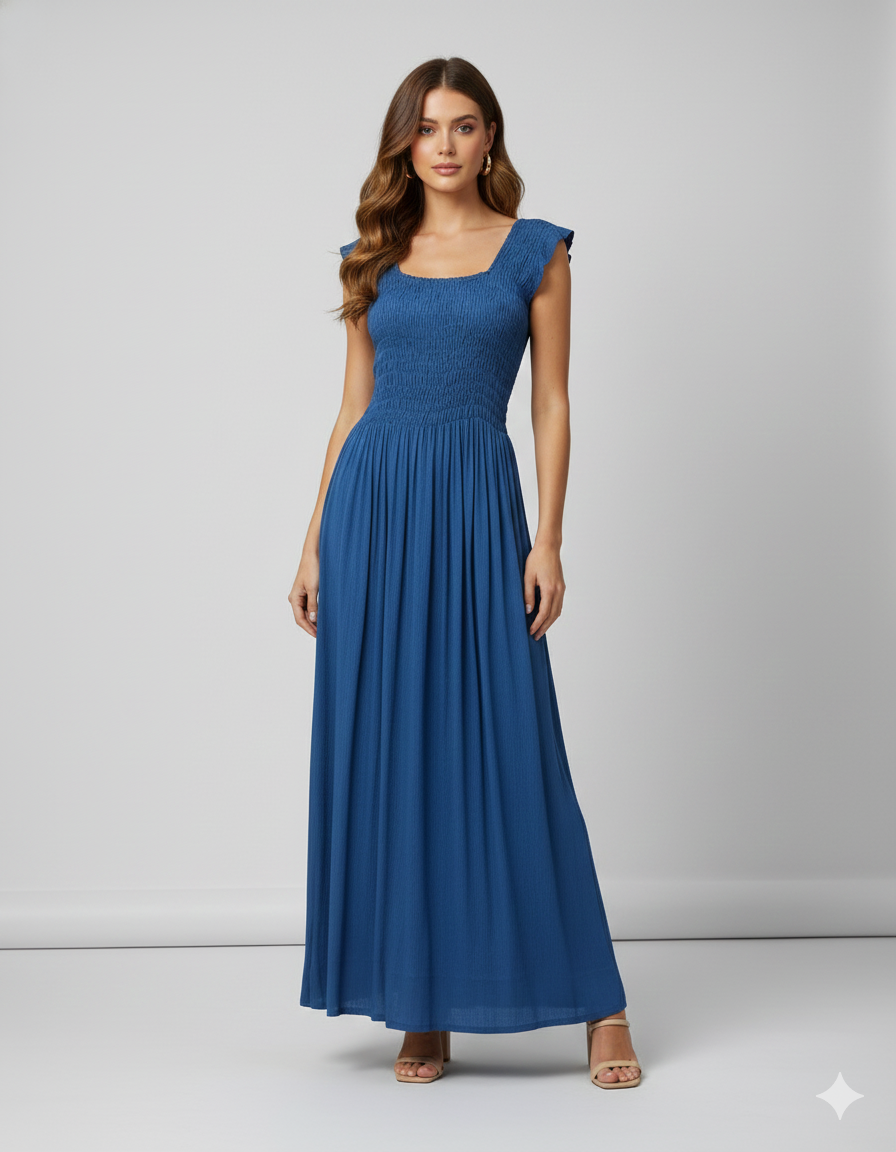 Womens Ladies Handmade Boho Maxi Elasticated Sleeveless Dress Free Size Up To 22 - MID BLUE