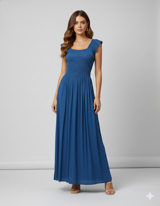 Womens Ladies Handmade Boho Maxi Elasticated Sleeveless Dress Free Size Up To 22 - MID BLUE