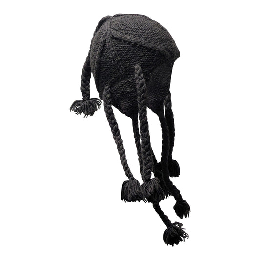 Recycled Wool Beanie: Hand Knit Boho Tassel Winter Cap - BROWN