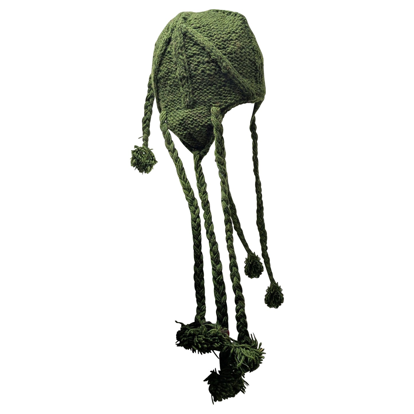 Recycled Wool Beanie: Hand Knit Boho Tassel Winter Cap - GREEN