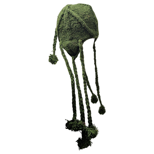 Recycled Wool Beanie: Hand Knit Boho Tassel Winter Cap - GREEN
