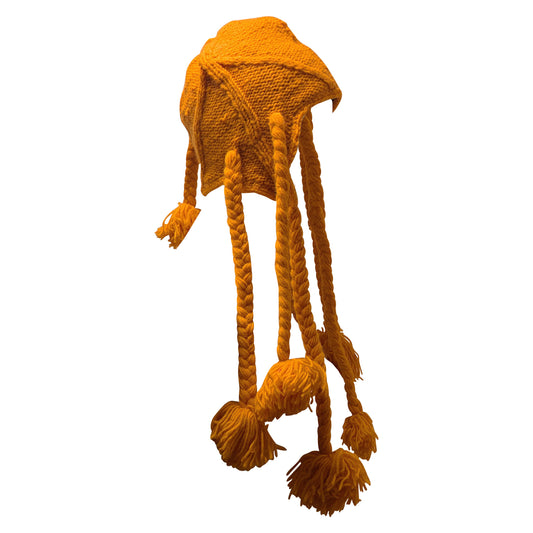 Recycled Wool Beanie: Hand Knit Boho Tassel Winter Cap - ORANGE