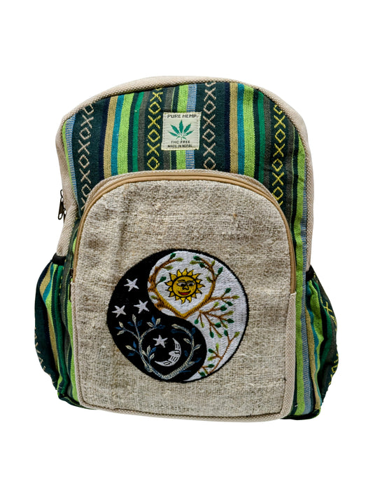Handmade Organic Cotton Himalayan Hemp Backpack with Embroidered Yin Yang Multi Pockets - Bohemian Travel Bag