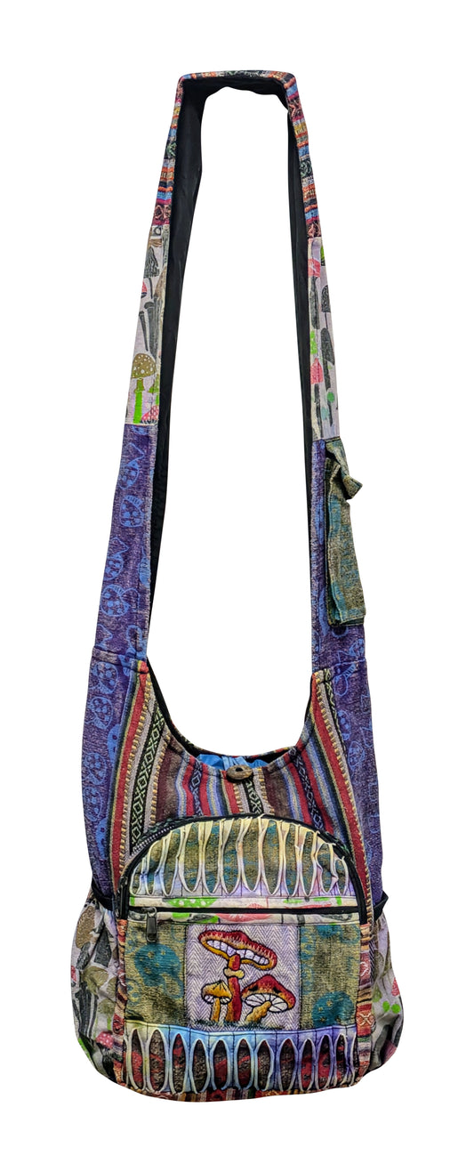 Unique Patchwork Light Weight Cotton Embroidery Mushroom Handmade Multi Pockets Sustainable Shoulder Bag P3