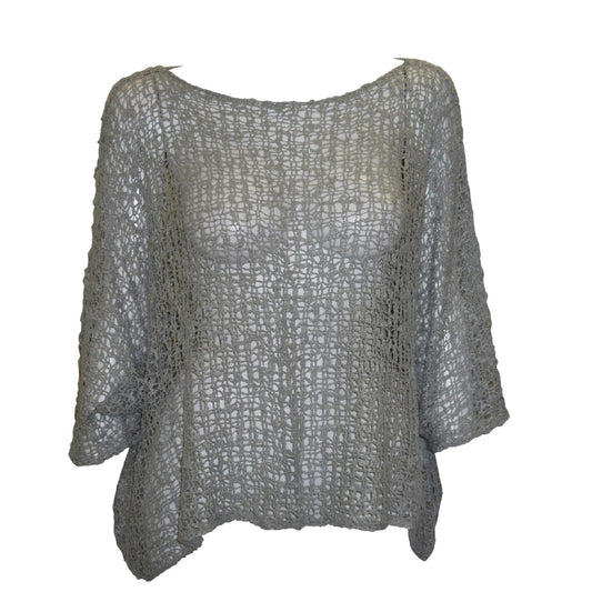 Womens Crochet Oversized Knit Top Batwing Boho Cover up Free Size 8-26  Light Grey
