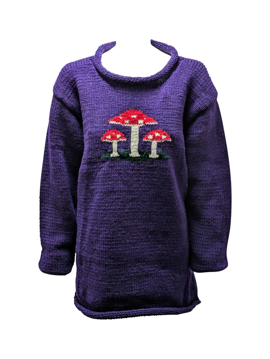 Unisex Rolled Neck Chunky Knit Sweater 100% Wool Mushroom Knitted Long Sleeve Cosy Winter Pullover Purple