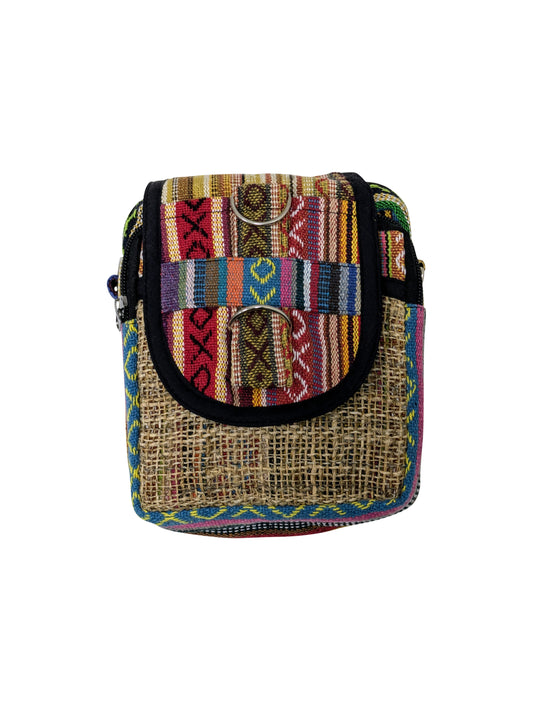 Himalayan Hemp Embroidered Abstract Print Small Crossbody Passport Phone Holder Bag Front Zip Detail P6