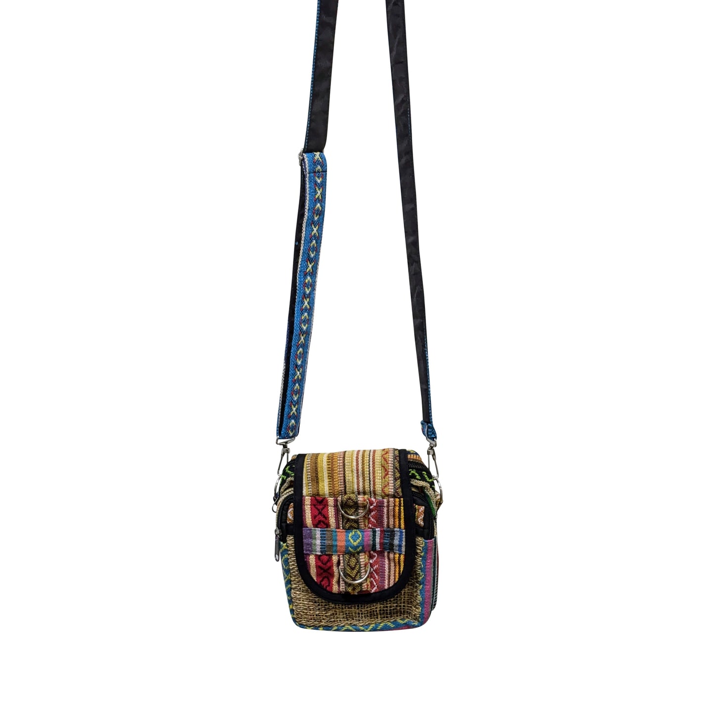 Himalayan Hemp Embroidered Abstract Print Small Crossbody Passport Phone Holder Bag Front Zip Detail P6