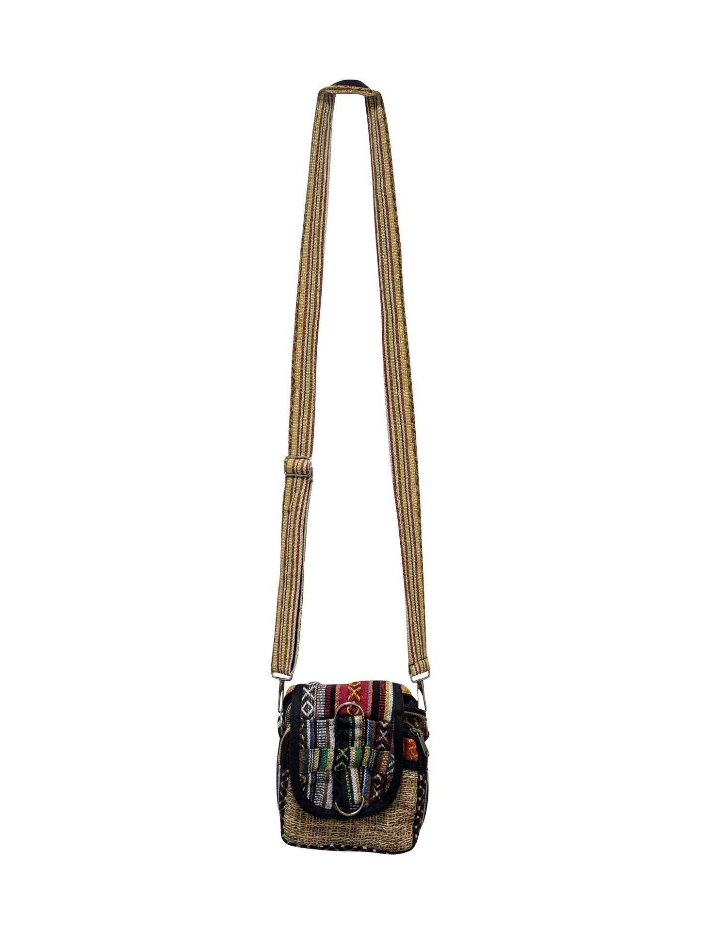 Himalayan Hemp Embroidered Abstract Print Small Crossbody Passport Phone Holder Bag Front Zip Detail P9