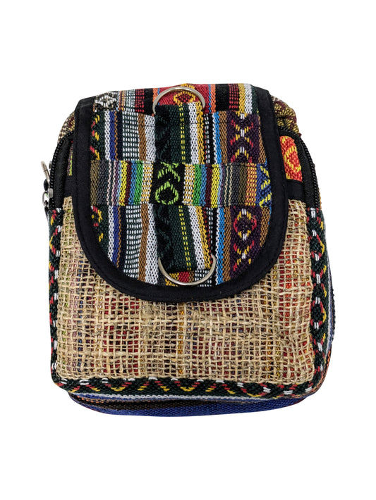 Himalayan Hemp Embroidered Abstract Print Small Crossbody Passport Phone Holder Bag Front Zip Detail P9