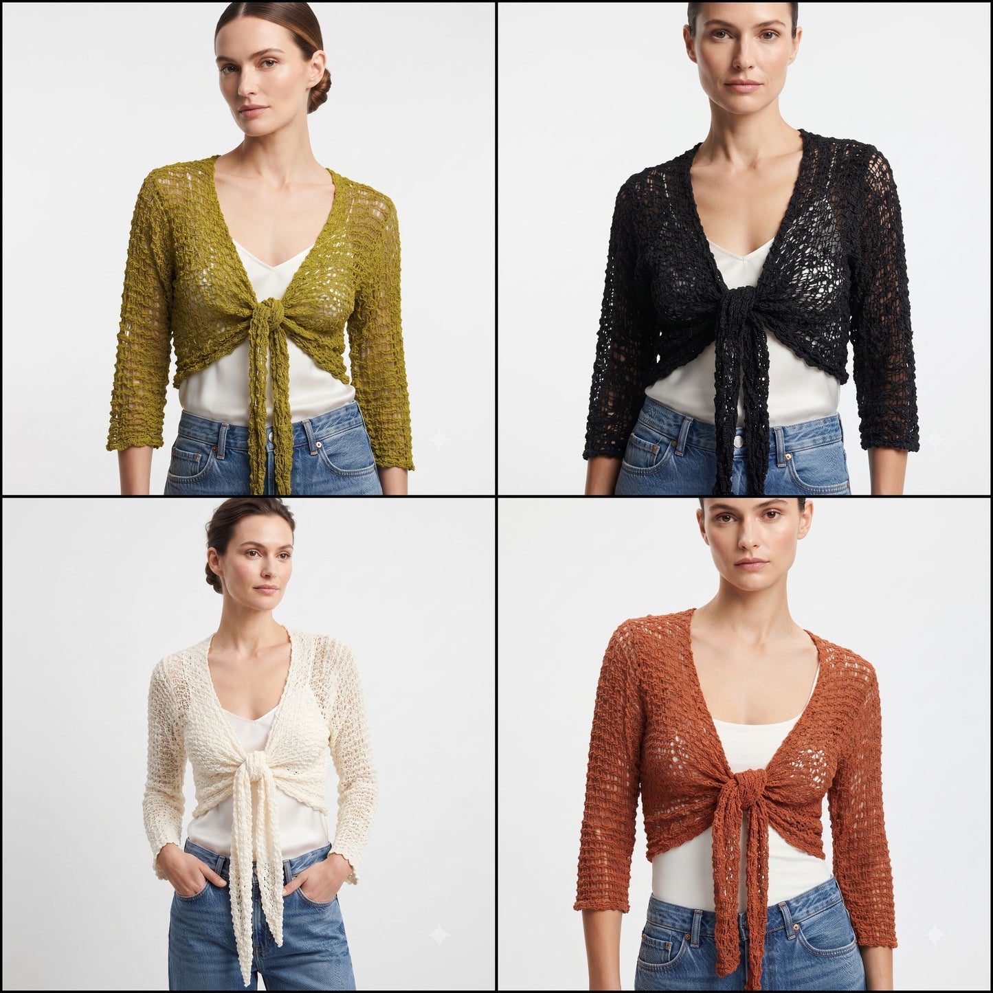 Womens Crochet Shrug front knot Chic lettuce hem Mesh Cardigan Free Size 8-20