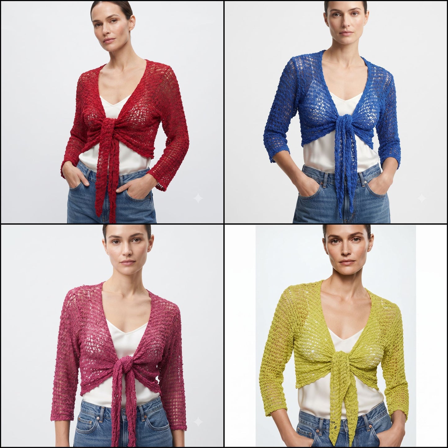 Womens Crochet Shrug front knot Chic lettuce hem Mesh Cardigan Free Size 8-20