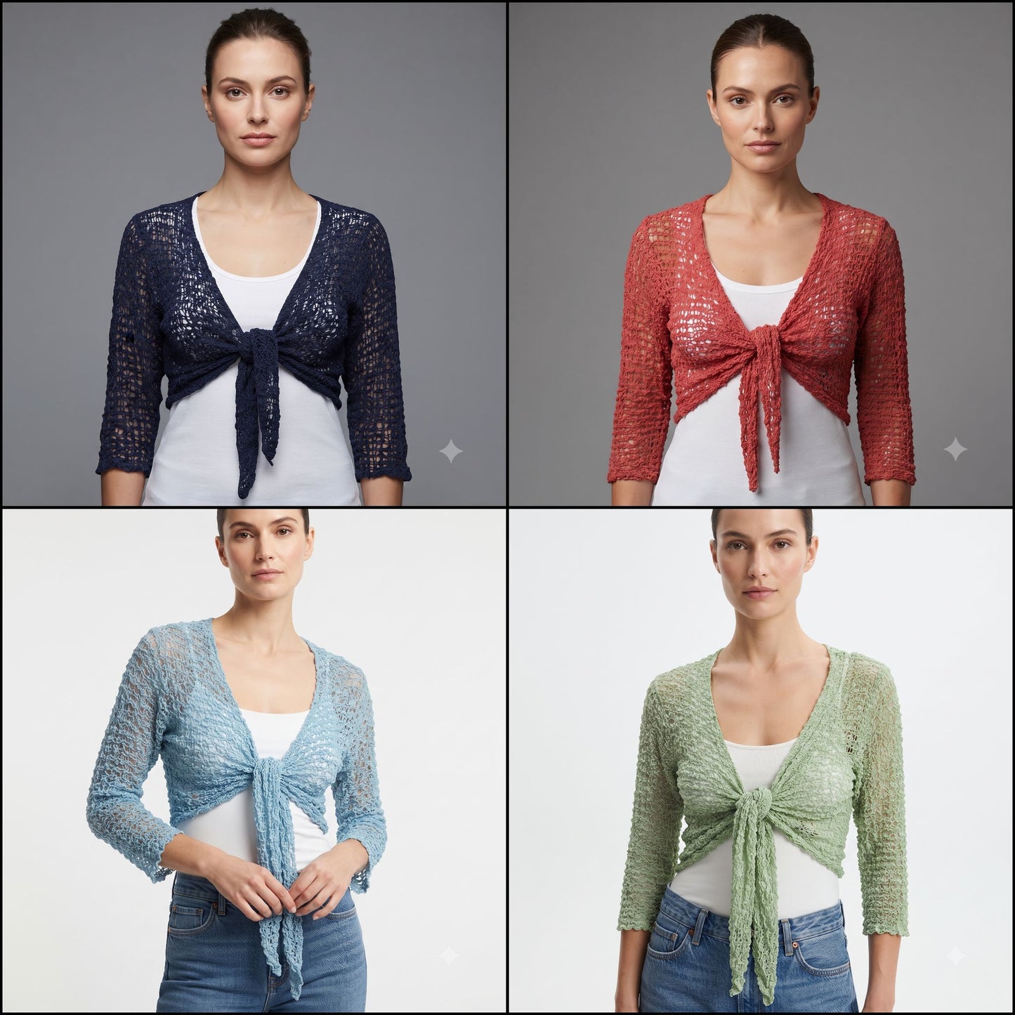Womens Crochet Shrug front knot Chic lettuce hem Mesh Cardigan Free Size 8-20