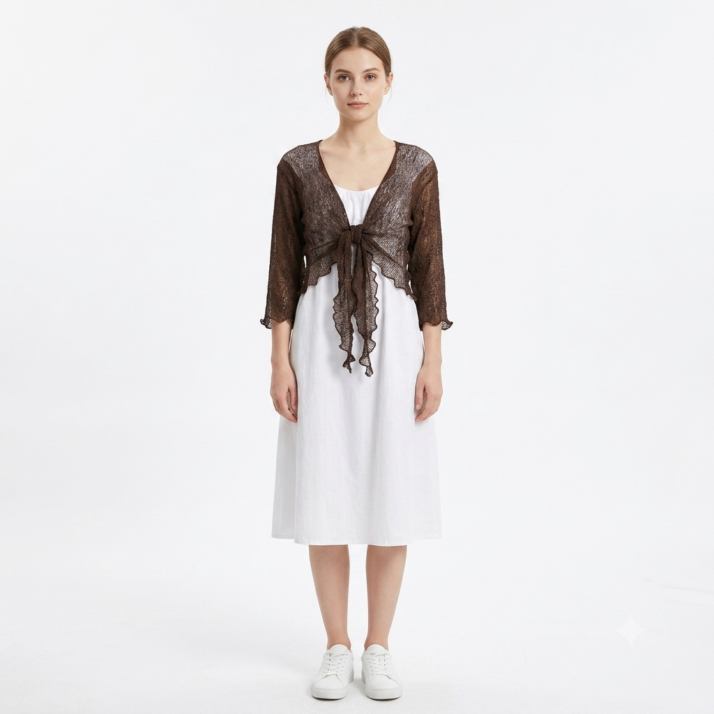 Woman's Boho Knit Shrug Crochet Cardigan Front-Tie One Size Cover-Up