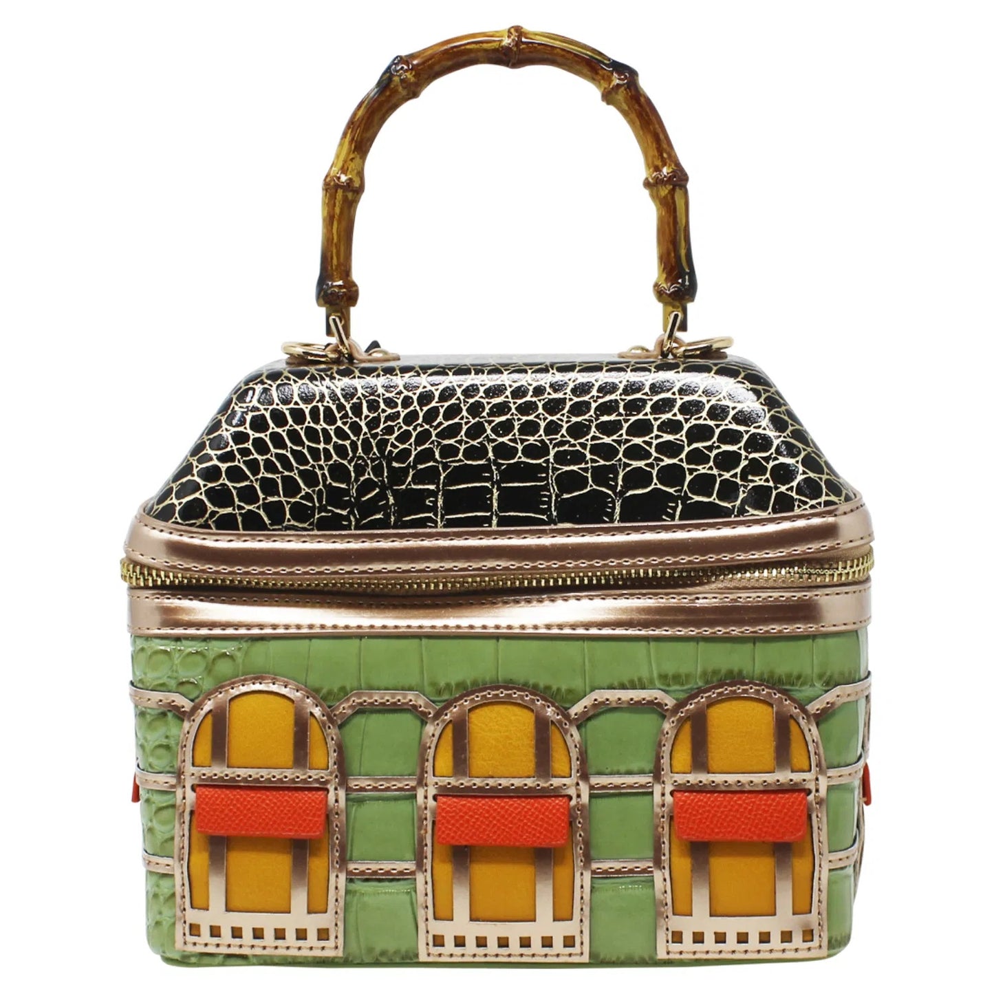WOMEN'S STATEMENT BAMBOO TOP HANDLE HOUSE DESIGN BAG WITH DETACHABLE  STRAP