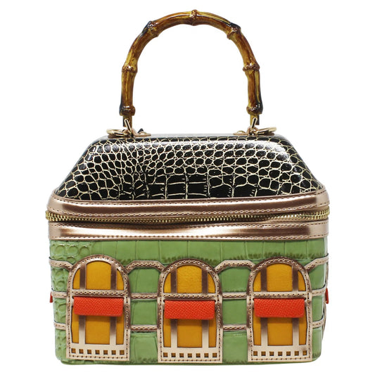 WOMEN'S STATEMENT BAMBOO TOP HANDLE HOUSE DESIGN BAG WITH DETACHABLE  STRAP