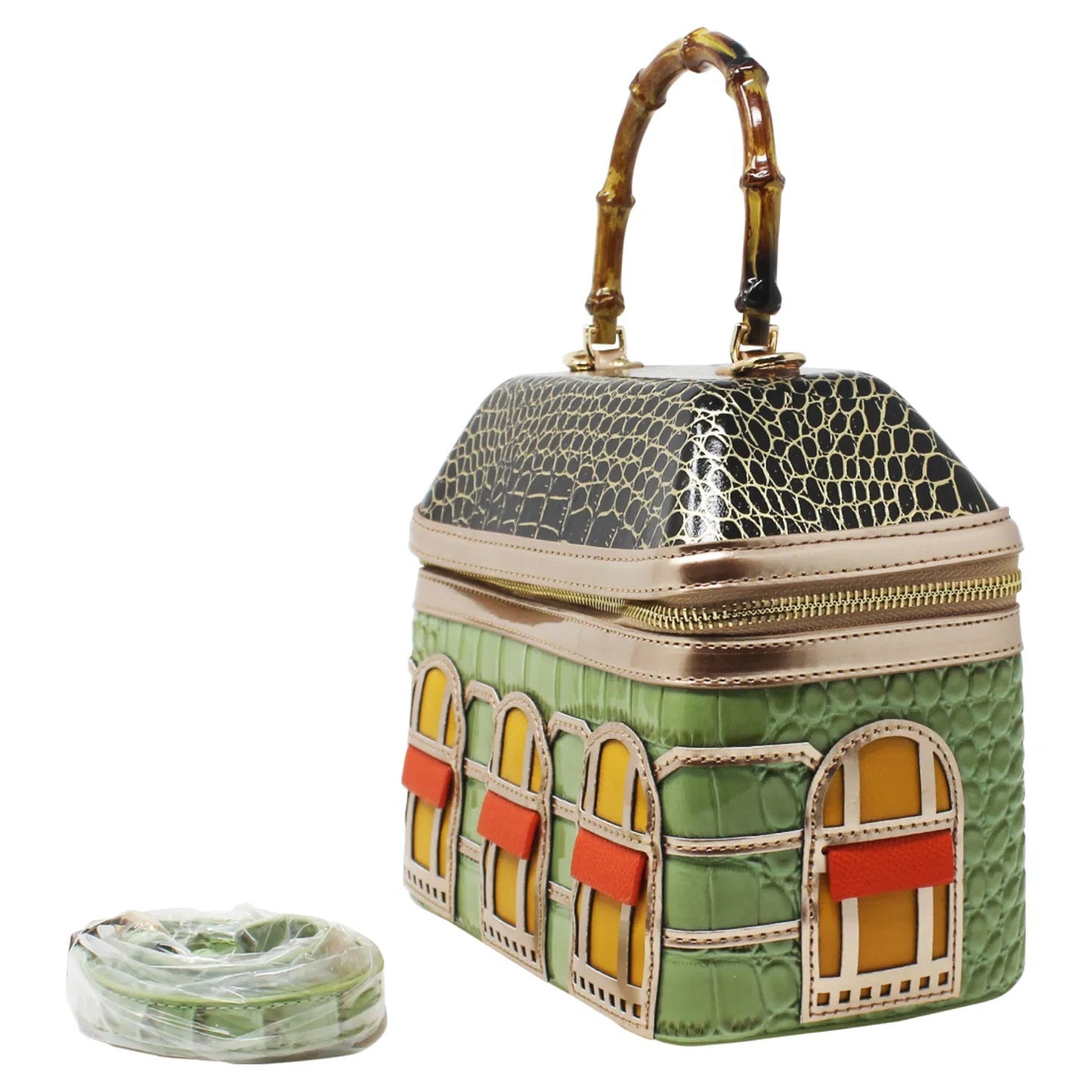 WOMEN'S STATEMENT BAMBOO TOP HANDLE HOUSE DESIGN BAG WITH DETACHABLE  STRAP