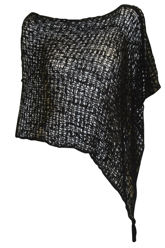 Womens Crochet Poncho Asymmetrical Boho Tassel Shawl Pullover Cover up Free Size 8-20 Black