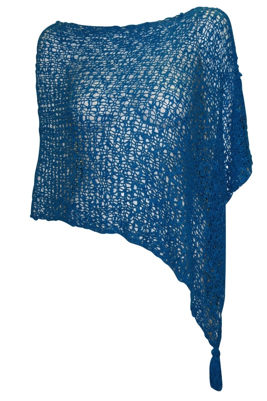 Womens Crochet Poncho Asymmetrical Boho Tassel Shawl Pullover Cover up Free Size 8-20 Blue