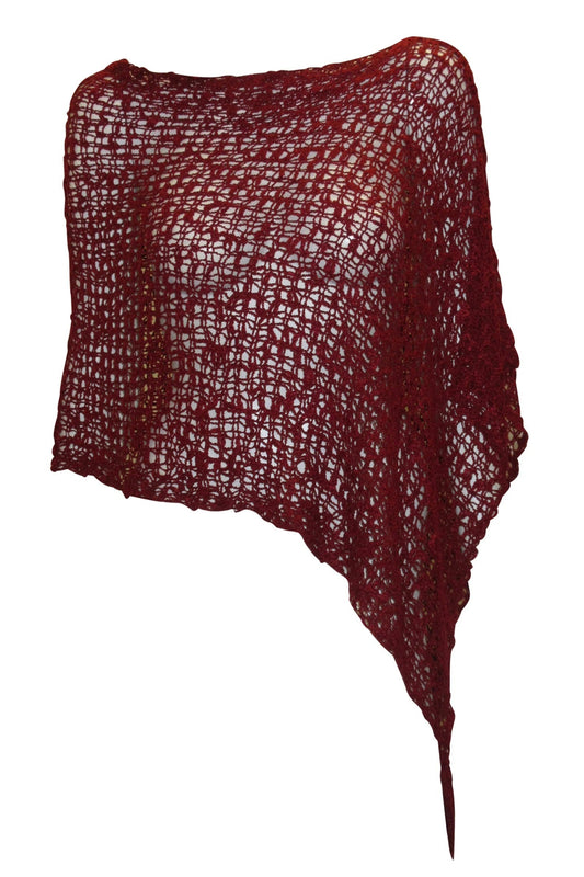 Womens Crochet Poncho Asymmetrical Boho Tassel Shawl Pullover Cover up Free Size 8-20 Burgundy