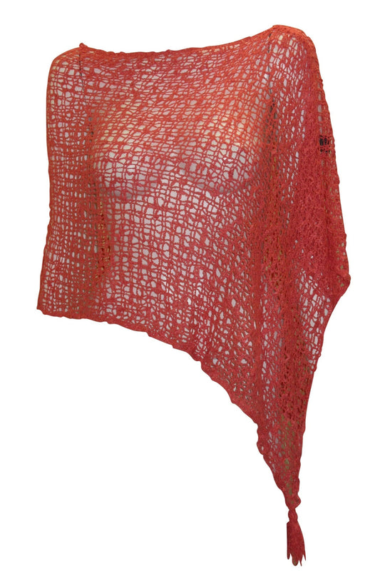 Womens Crochet Poncho Asymmetrical Boho Tassel Shawl Pullover Cover up Free Size 8-20 Coral
