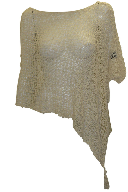 Womens Crochet Poncho Asymmetrical Boho Tassel Shawl Pullover Cover up Free Size 8-20 Cream