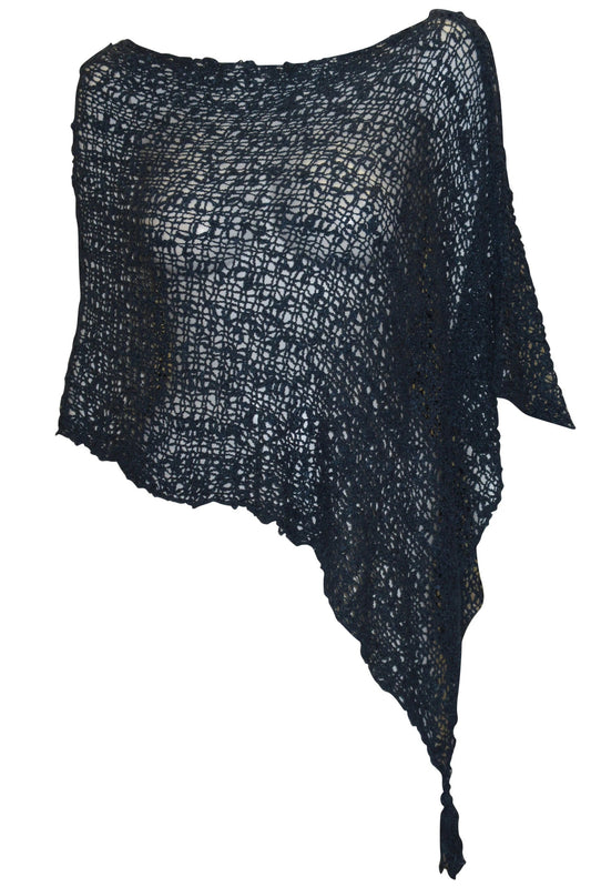 Womens Crochet Poncho Asymmetrical Boho Tassel Shawl Pullover Cover up Free Size 8-20 Dark Denim