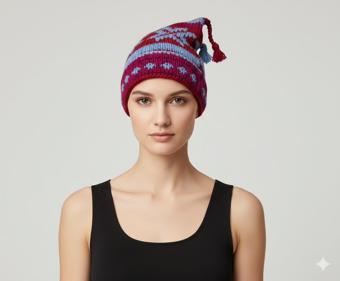 Recycled Hand Knit Jester Hat 100% Wool Boho Beanie Multi Tassel Warm Fleece Lined Winter Cap P488