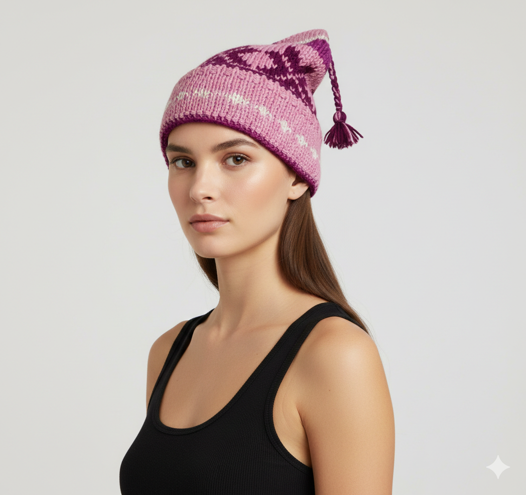 Recycled Hand Knit Jester Hat 100% Wool Boho Beanie Multi Tassel Warm Fleece Lined Winter Cap P489