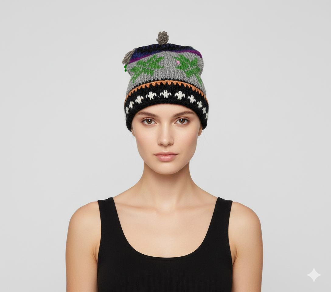 Recycled Hand Knit Jester Hat 100% Wool Boho Beanie Multi Tassel Warm Fleece Lined Winter Cap P490