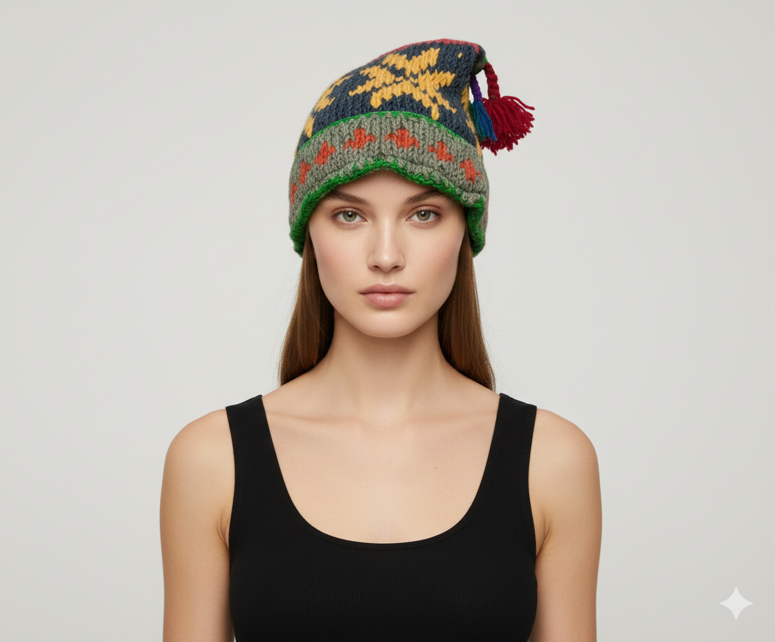 Recycled Hand Knit Jester Hat 100% Wool Boho Beanie Multi Tassel Warm Fleece Lined Winter Cap P500