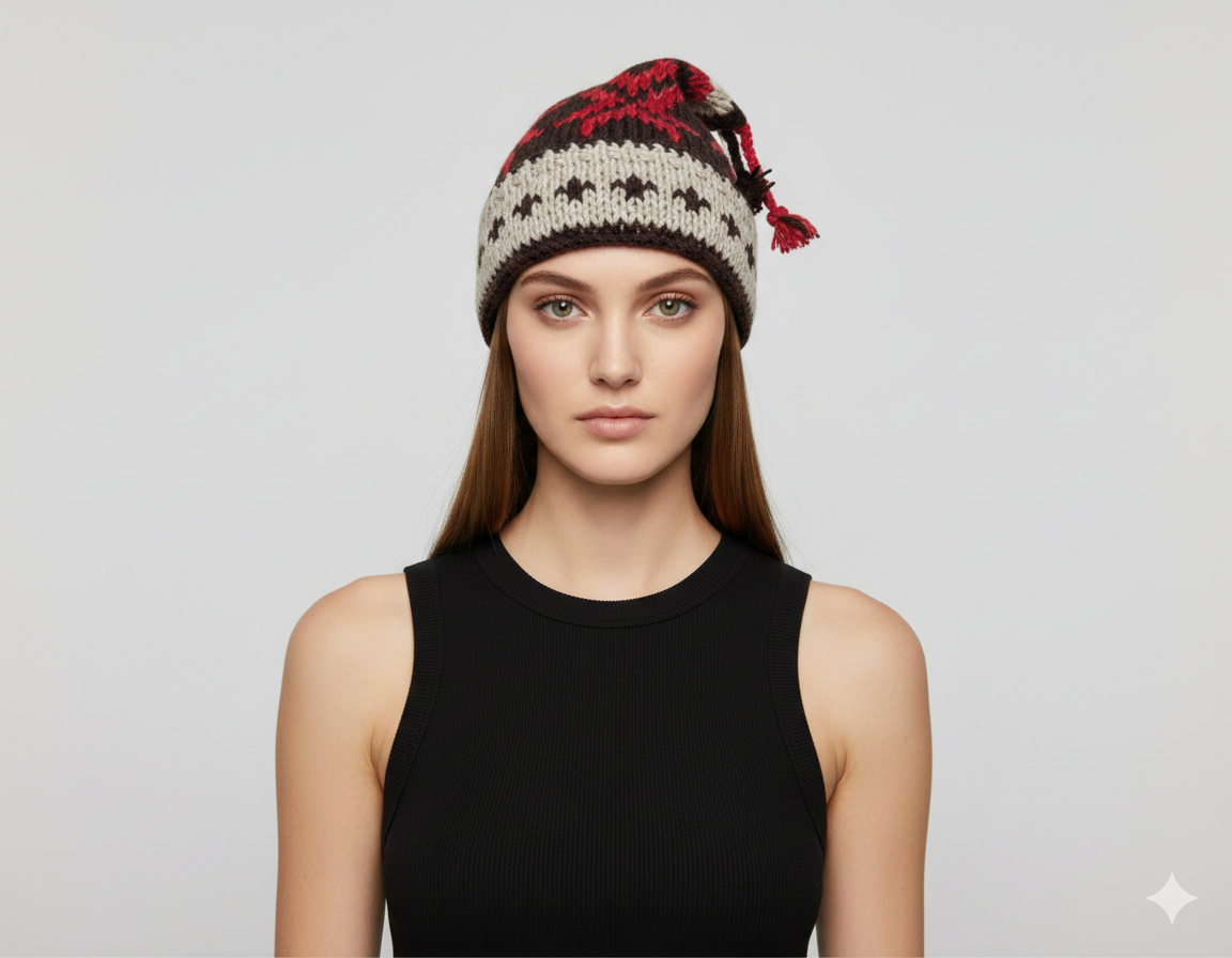 Recycled Hand Knit Jester Hat 100% Wool Boho Beanie Multi Tassel Warm Fleece Lined Winter Cap P501