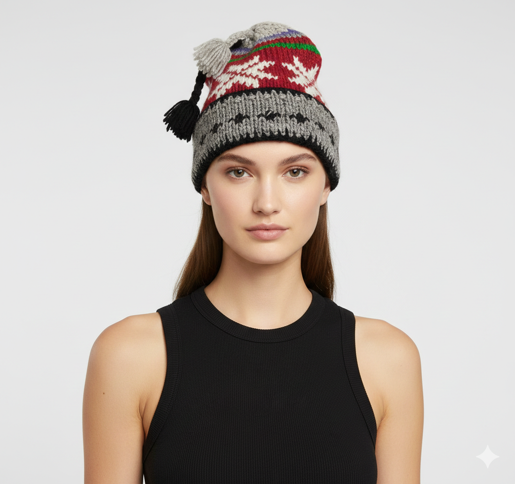 Recycled Hand Knit Jester Hat 100% Wool Boho Beanie Multi Tassel Warm Fleece Lined Winter Cap P503