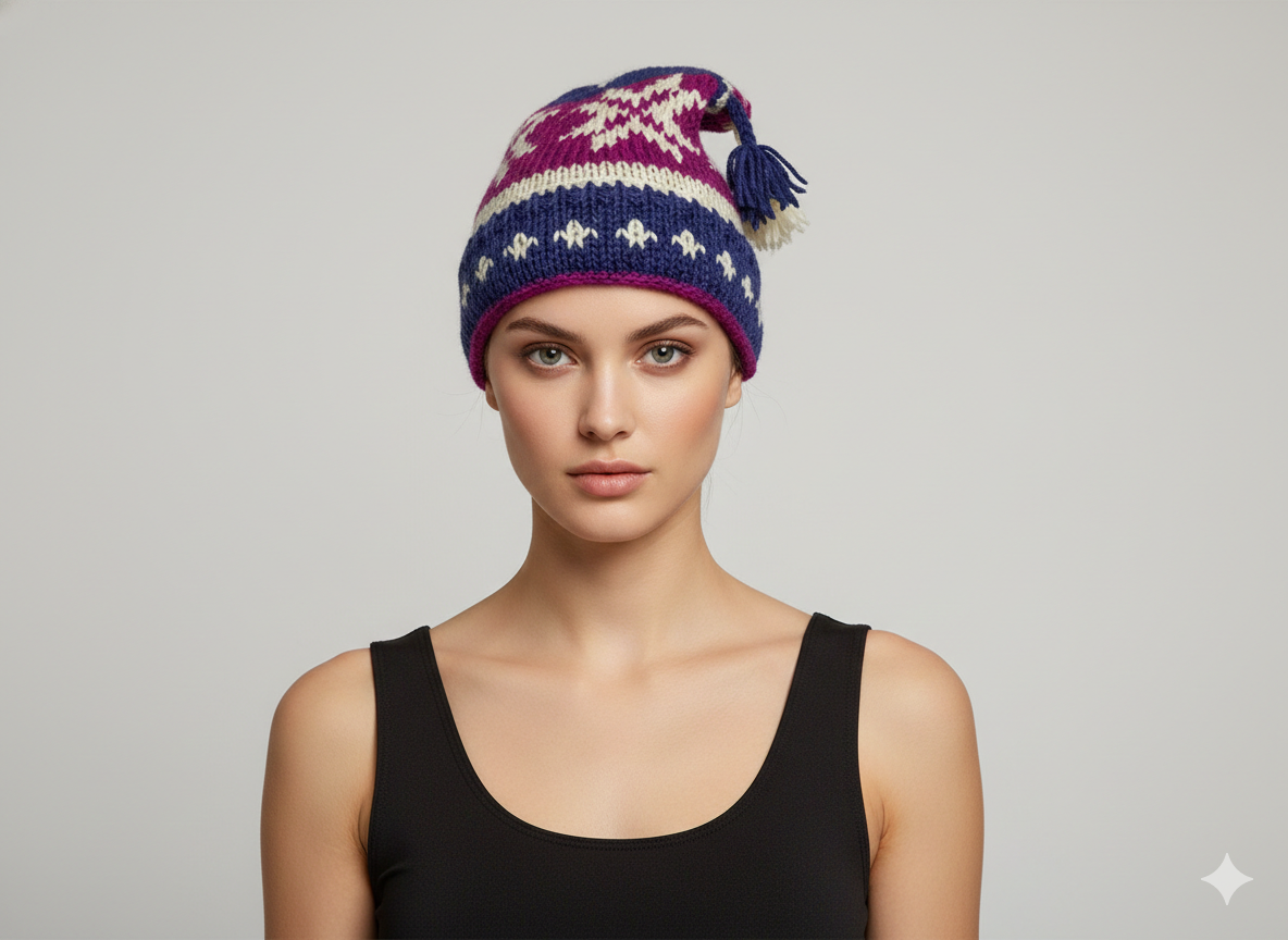 Recycled Hand Knit Jester Hat 100% Wool Boho Beanie Multi Tassel Warm Fleece Lined Winter Cap P507