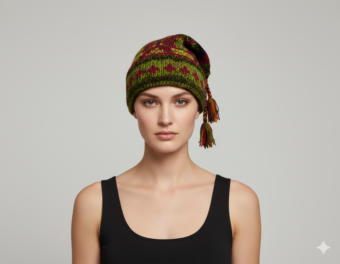 Recycled Hand Knit Jester Hat 100% Wool Boho Beanie Multi Tassel Warm Fleece Lined Winter Cap P510