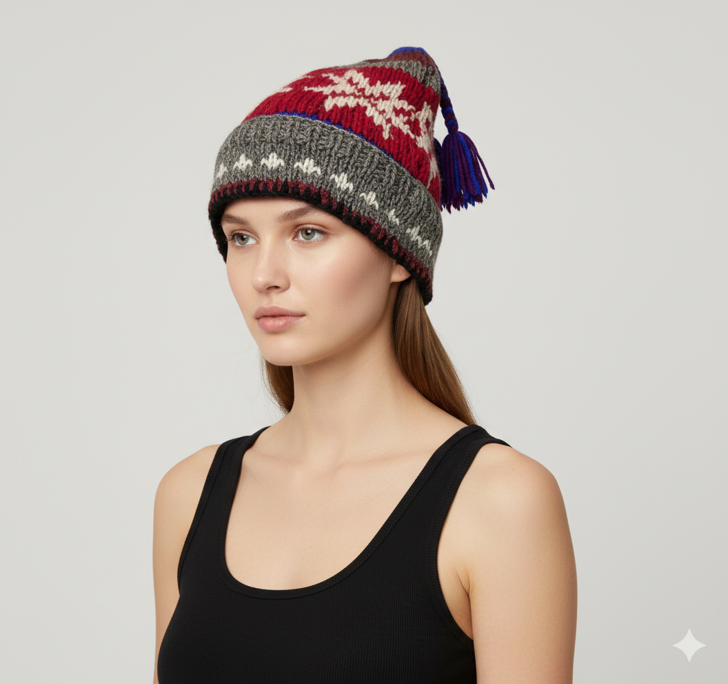 Recycled Hand Knit Jester Hat 100% Wool Boho Beanie Multi Tassel Warm Fleece Lined Winter Cap P511