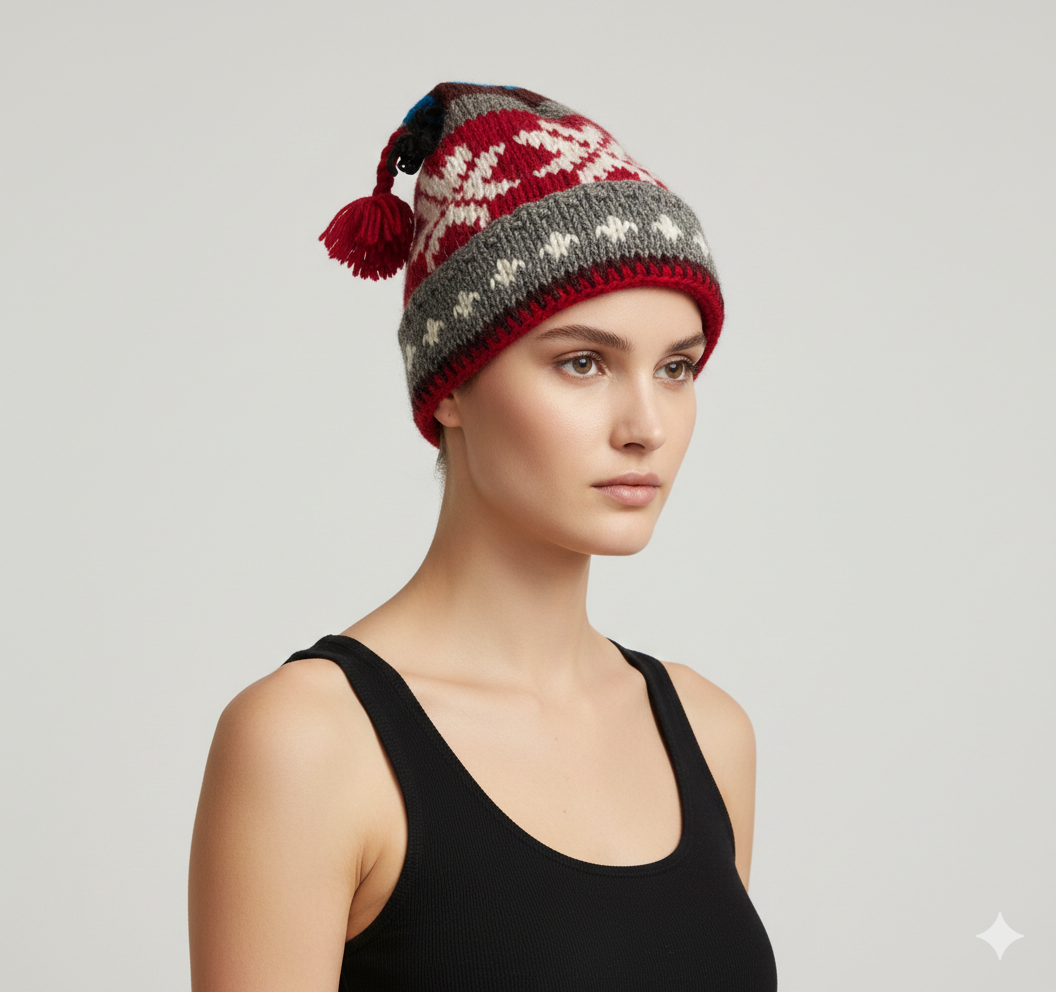 Recycled Hand Knit Jester Hat 100% Wool Boho Beanie Multi Tassel Warm Fleece Lined Winter Cap P541