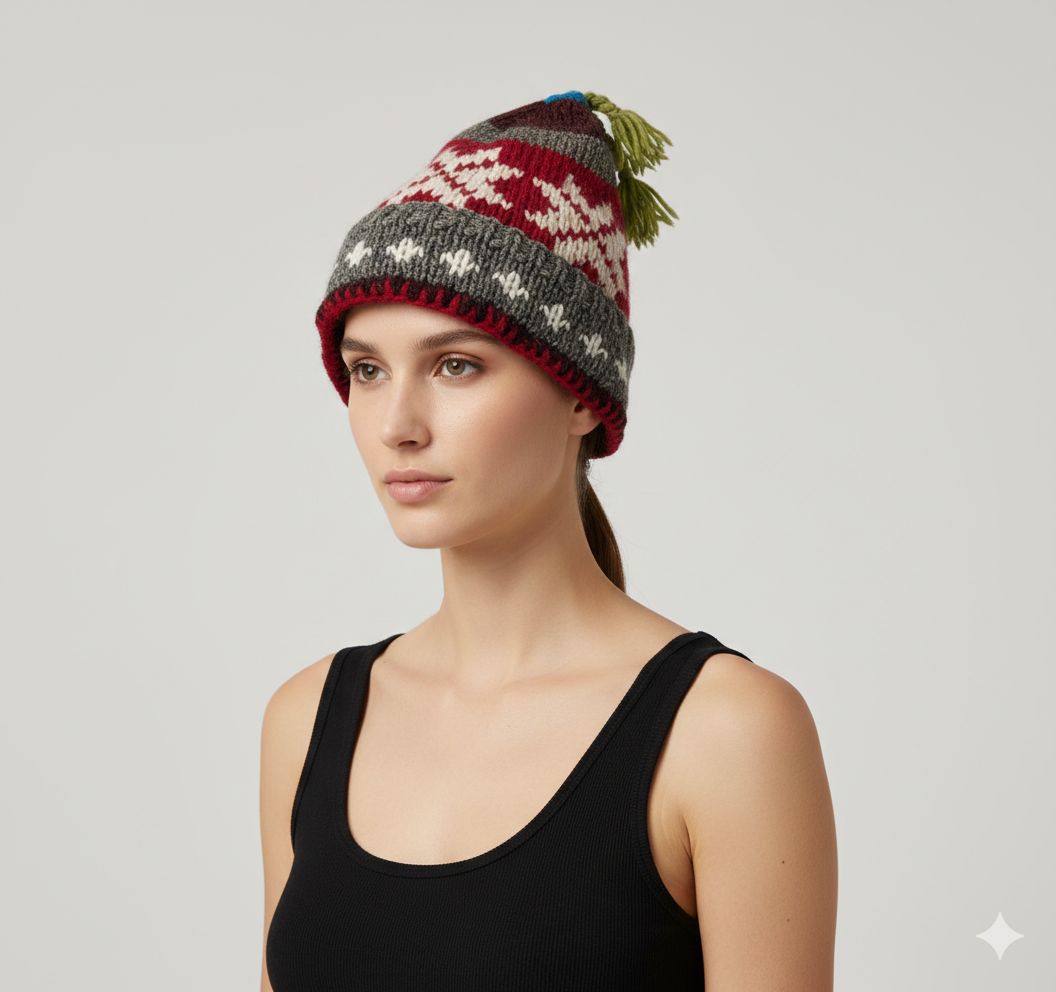 Recycled Hand Knit Jester Hat 100% Wool Boho Beanie Multi Tassel Warm Fleece Lined Winter Cap P542