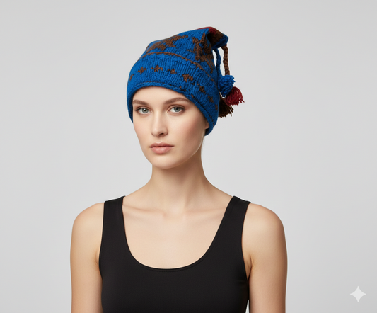 Recycled Hand Knit Jester Hat 100% Wool Boho Beanie Multi Tassel Warm Fleece Lined Winter Cap P544