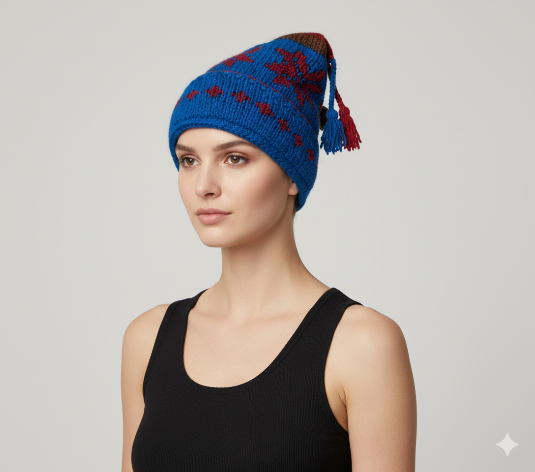 Recycled Hand Knit Jester Hat 100% Wool Boho Beanie Multi Tassel Warm Fleece Lined Winter Cap P545