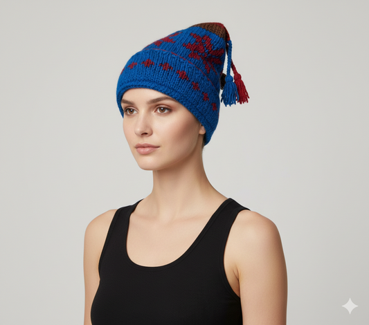 Recycled Hand Knit Jester Hat 100% Wool Boho Beanie Multi Tassel Warm Fleece Lined Winter Cap P545