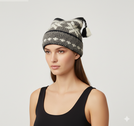 Recycled Hand Knit Jester Hat 100% Wool Boho Beanie Multi Tassel Warm Fleece Lined Winter Cap P548