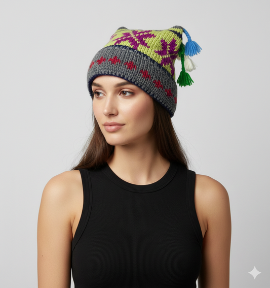 Recycled Hand Knit Jester Hat 100% Wool Boho Beanie Multi Tassel Warm Fleece Lined Winter Cap P549