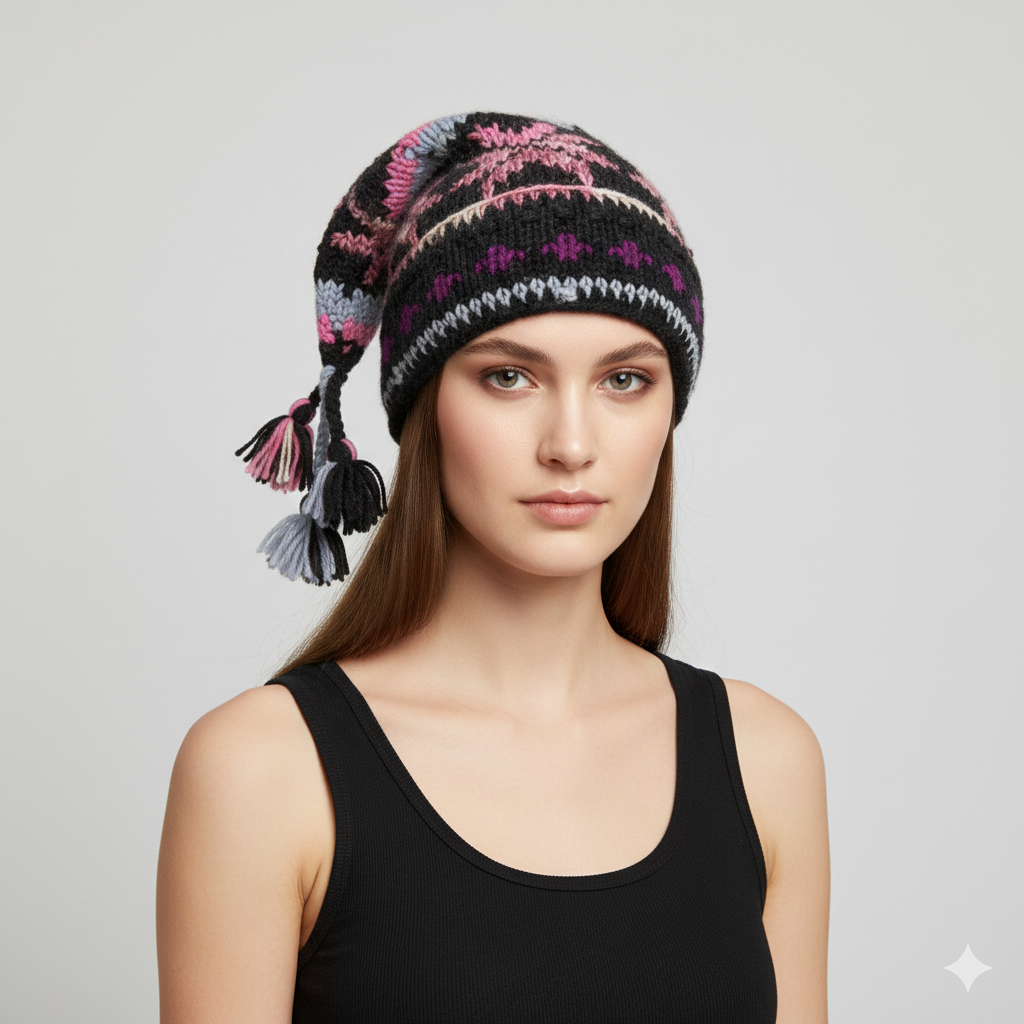 Recycled Hand Knit Jester Hat 100% Wool Boho Beanie Multi Tassel Warm Fleece Lined Winter Cap P550