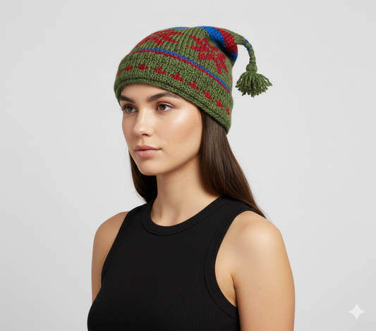 Recycled Hand Knit Jester Hat 100% Wool Boho Beanie Multi Tassel Warm Fleece Lined Winter Cap P551