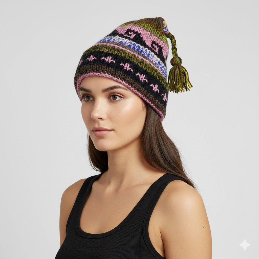 Recycled Hand Knit Jester Hat 100% Wool Boho Beanie Multi Tassel Warm Fleece Lined Winter Cap P554