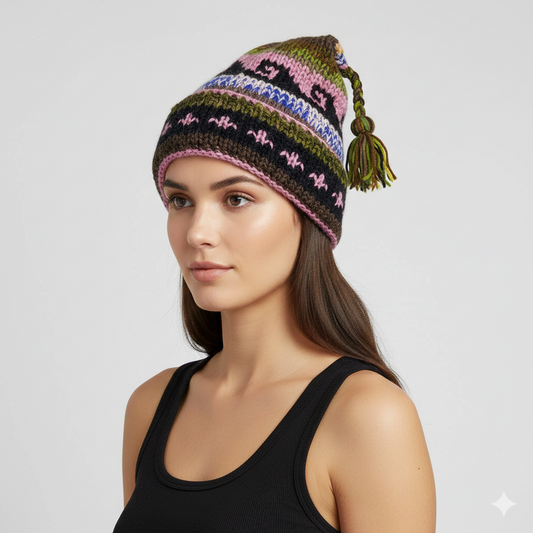 Recycled Hand Knit Jester Hat 100% Wool Boho Beanie Multi Tassel Warm Fleece Lined Winter Cap P554