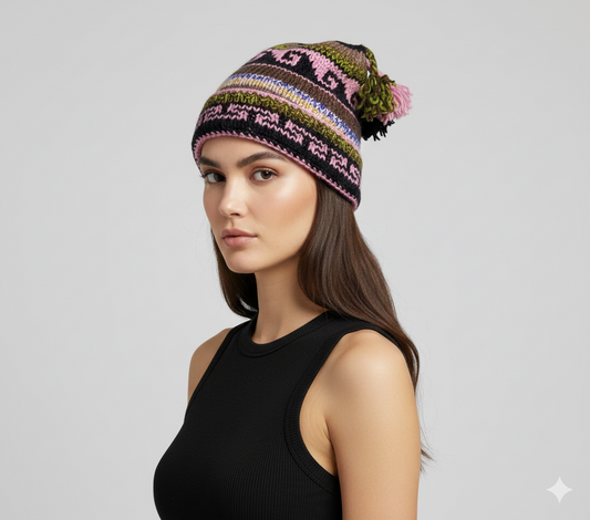 Recycled Hand Knit Jester Hat 100% Wool Boho Beanie Multi Tassel Warm Fleece Lined Winter Cap P556