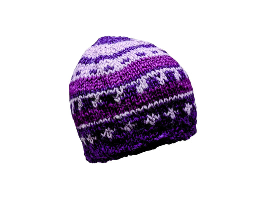 Handmade 100% Wool Beanie Unisex Adults Knit Hat Stripe Warm Fleece Lined boho Winter Cap Purple